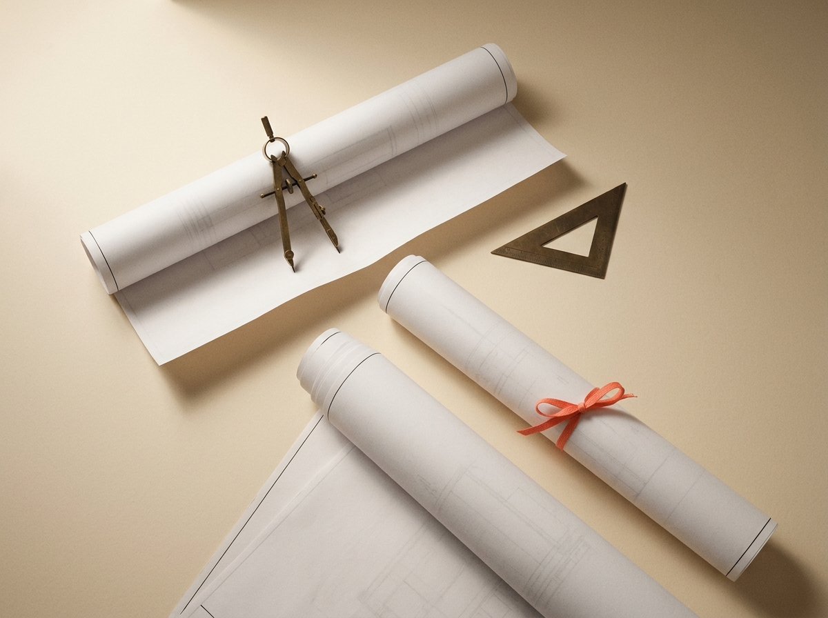 Rolled architectural blueprints partially unrolled with a brass compass and triangle ruler — the work delivered, a still-life metaphor for the build
