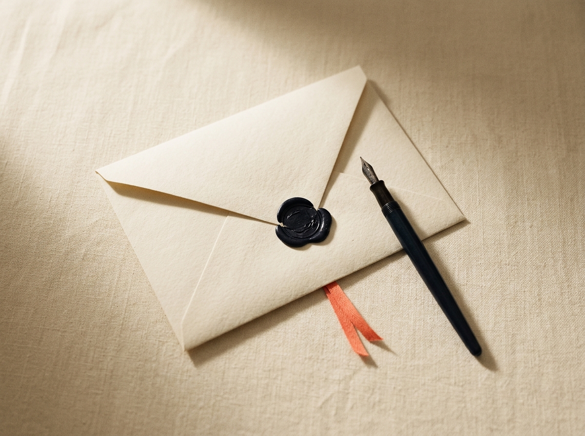 A folded cream document with a deep ink wax seal beside a vintage fountain pen — a written promise, a still-life metaphor for the guarantee