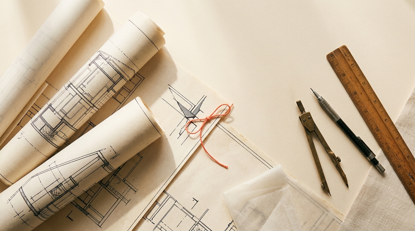 Editorial still life — rolled architectural blueprints with detailed line work, brass compass, mechanical pencil, and wooden ruler arranged on a warm cream surface, with a coral string marking a key drawing