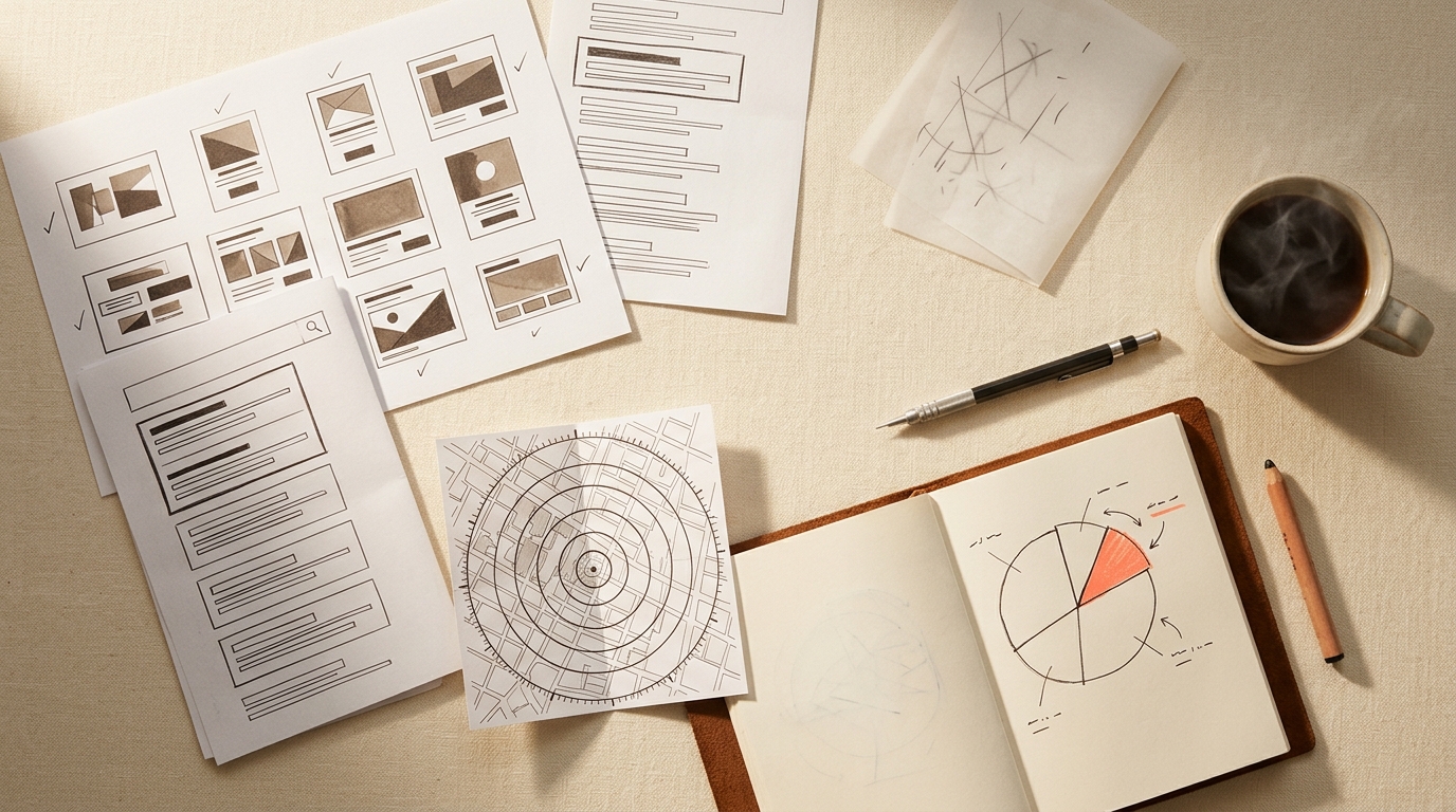 Editorial still life — a media buyer's desk with printed ad-creative contact sheets, an abstract search-results layout printout, a small radius-targeting map, an open journal with a hand-drawn channel-allocation pie chart, mechanical pencil, ceramic coffee cup, and a single coral grease-pencil mark