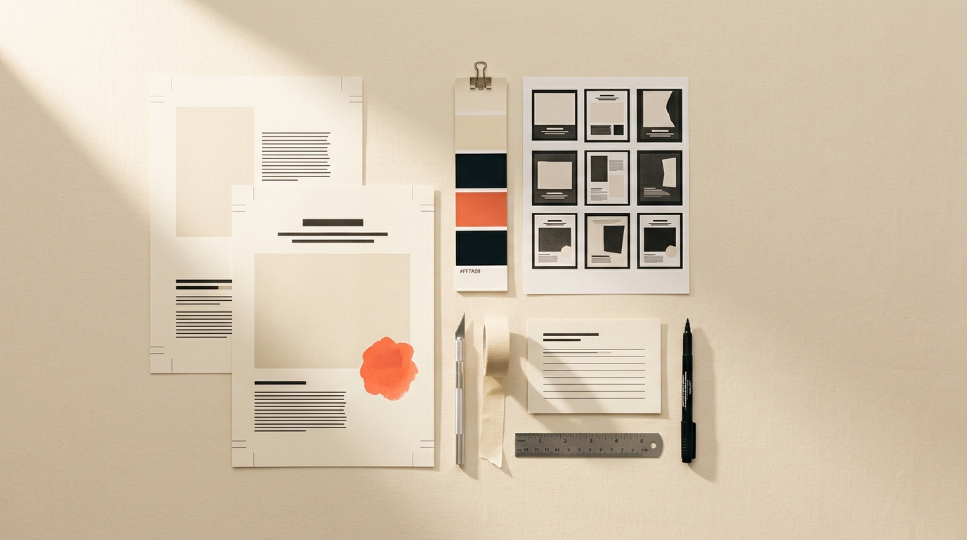 Editorial still life — printed ad proofs and contact sheet, color swatch strip, x-acto knife, masking tape, ink marker, steel ruler, and a single coral marker cap on a warm cream surface
