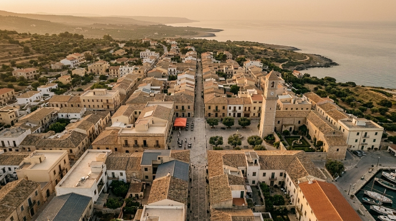 Aerial view of an organized Mediterranean coastal town at golden hour — planned grid streets, low-rise sandstone and whitewashed buildings, terracotta roofs, an elegant civic clock tower off-center, sea at the horizon