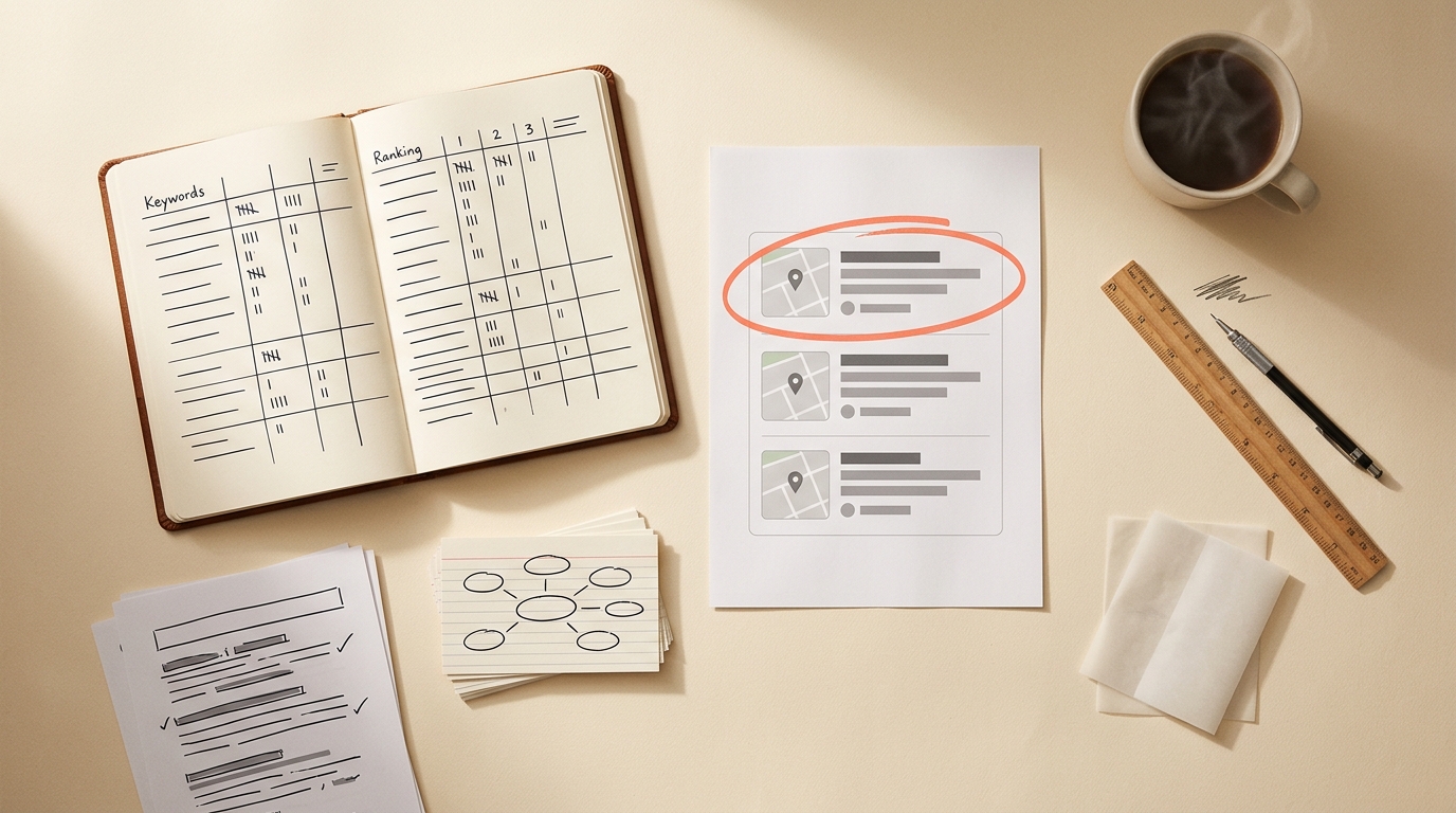 Editorial still life — open notebook with hand-drawn keyword grids and ranking tables, a printed Google Maps local-pack mockup with a coral marker pen circling the top listing, a stack of printed search result pages with hand annotations, index cards with topic-cluster diagrams, a wooden ruler, a ceramic coffee cup