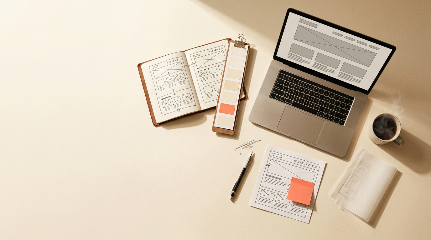 Editorial still life — open laptop showing a wireframe mockup, leather sketchpad with hand-drawn page layouts, design swatches, mechanical pencil, printed wireframe with a coral post-it marker, ceramic coffee cup