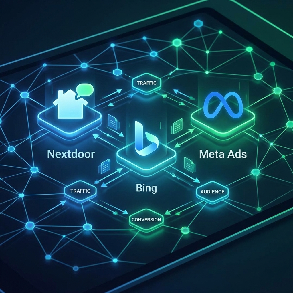 Multi-channel ad execution for contractors - Step 2 of the 3-in-1 system featuring Nextdoor, Bing, and Meta Ads campaigns