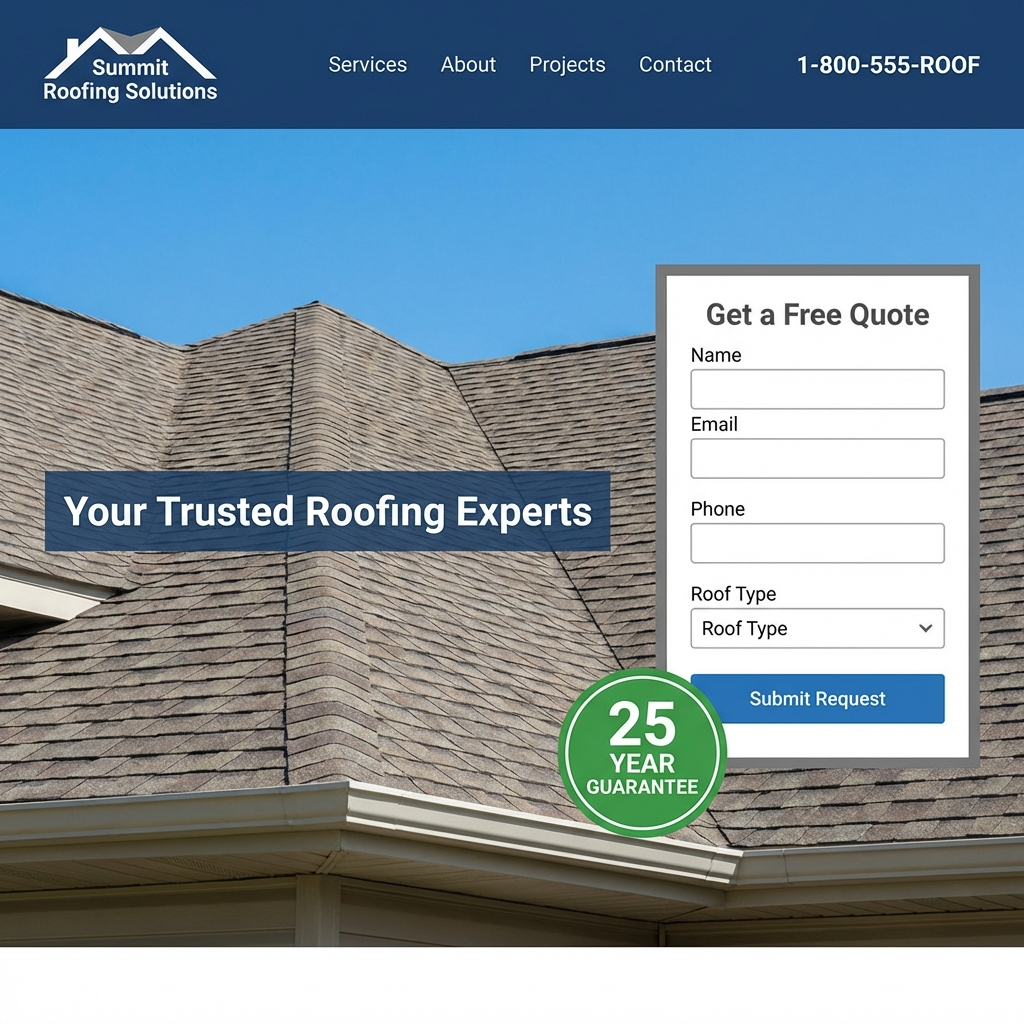 Summit Roofing contractor website with blue and white trust signals - professional roofing company web design